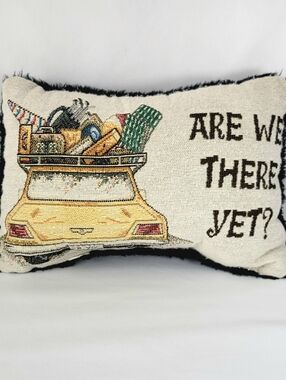 Vintage Are We There Yet Rectangle Needle Point Pillow Vacation Travel Cottage